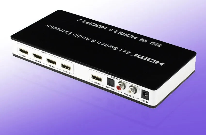 Black HDMI audio switch with 4 input ports and 1 output port, remote control and power adapter