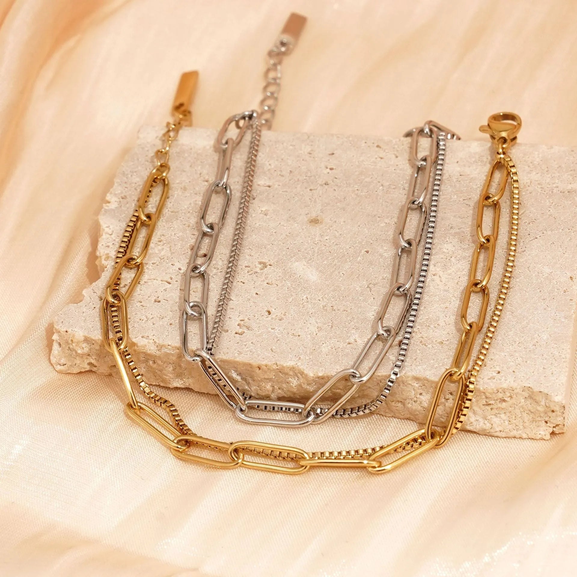Women's titanium steel bracelet with double-layer geometric design in gold or silver finish