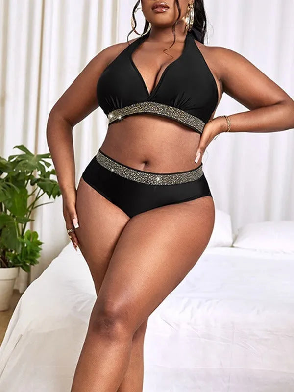 Black plus size women's bikini swimsuit showing bra and shorts components