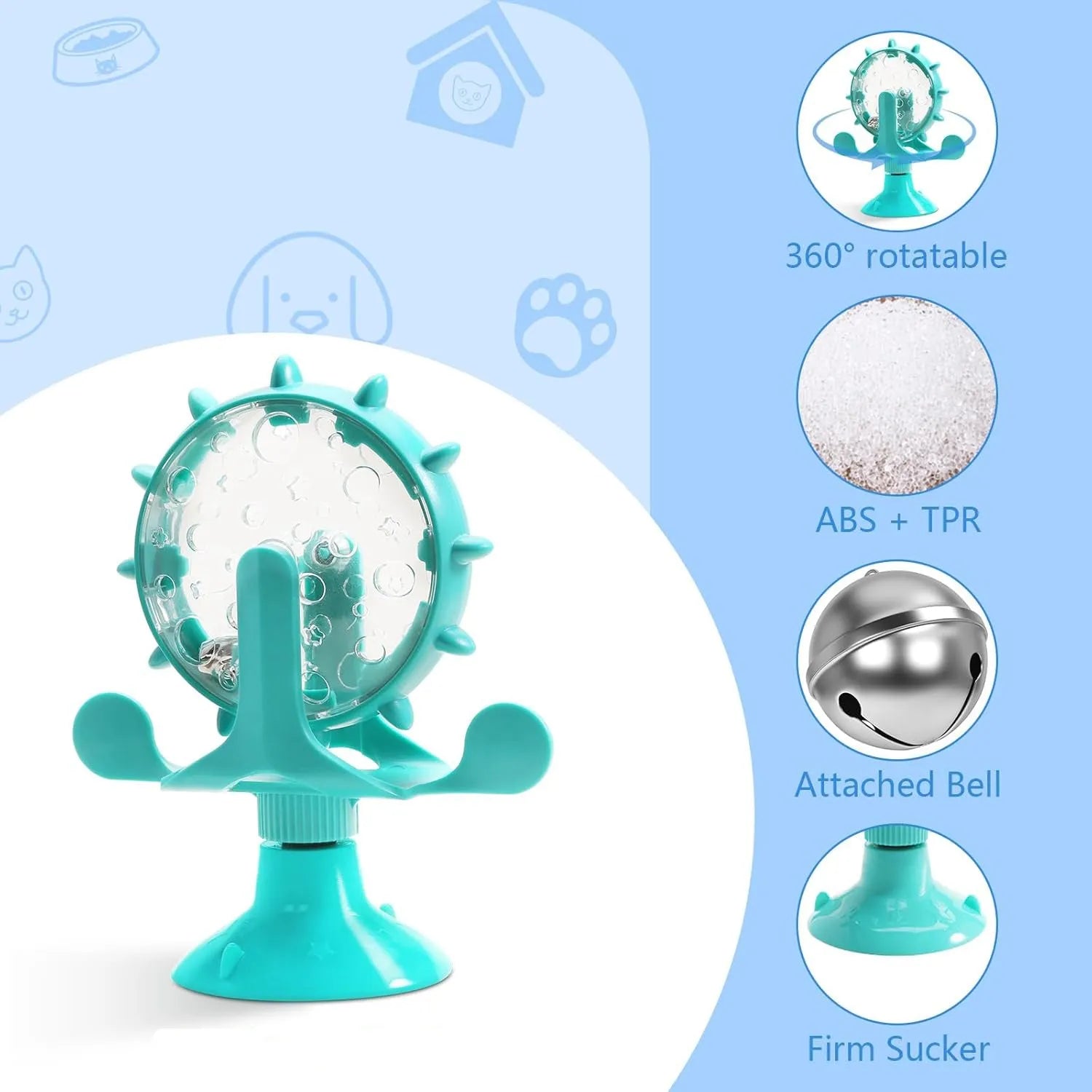 Blue interactive pet puzzle feeder toy with spinner and strong suction cup base.