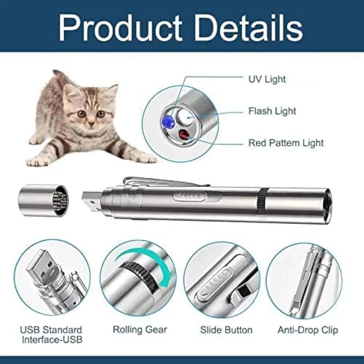 Silver aluminium cat laser pointer toy showing light patterns including red dot and mouse shape