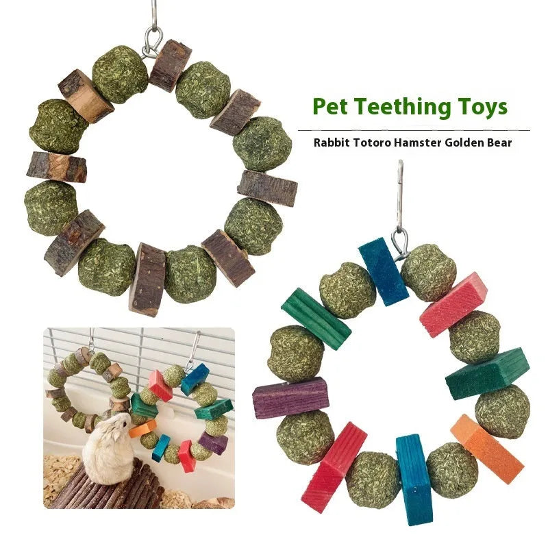 Hamster chew toy with straw ball ring in colourful sequin or natural applewood options