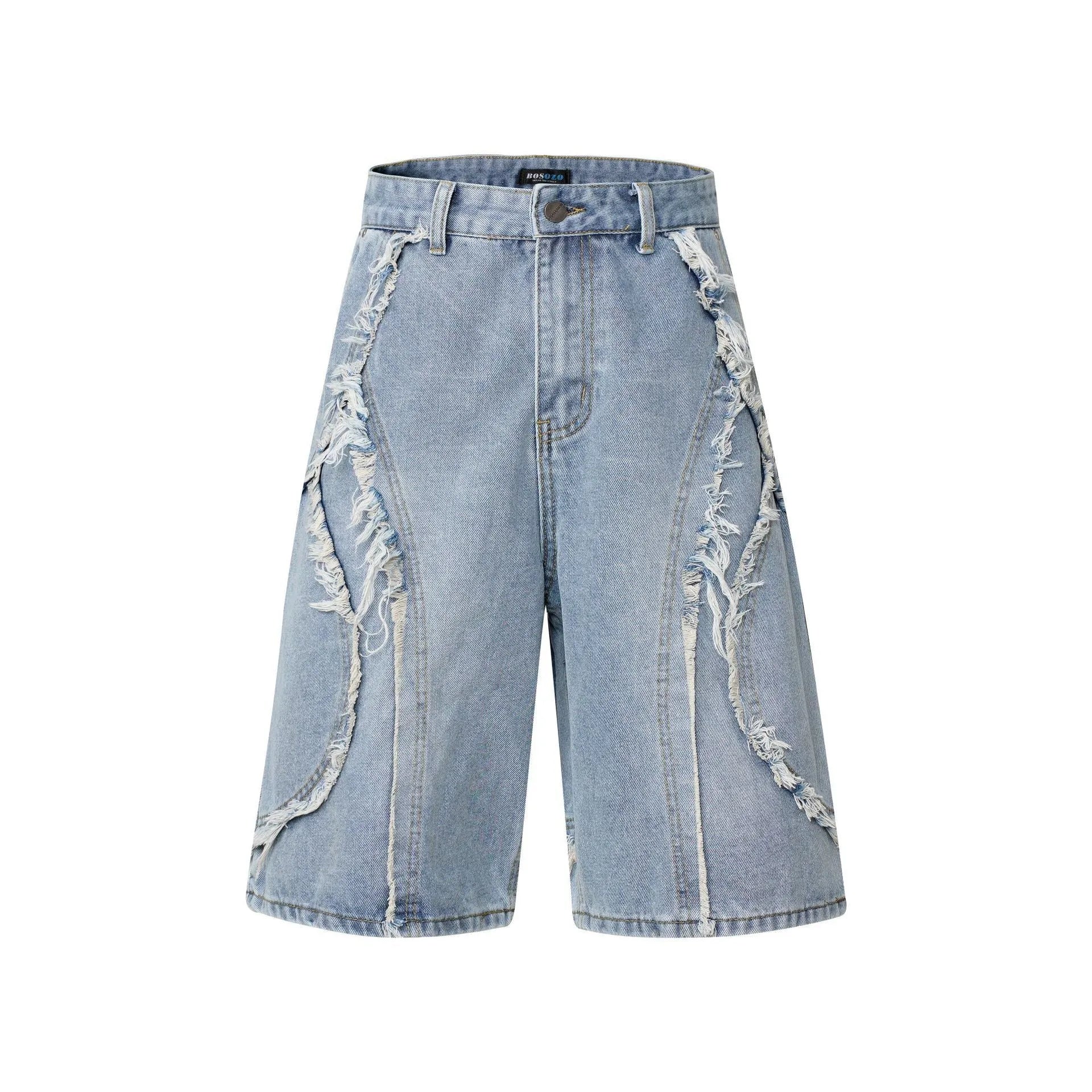 American Pu Shuai distressed raw edge denim shorts for men in a straight-leg cropped style.