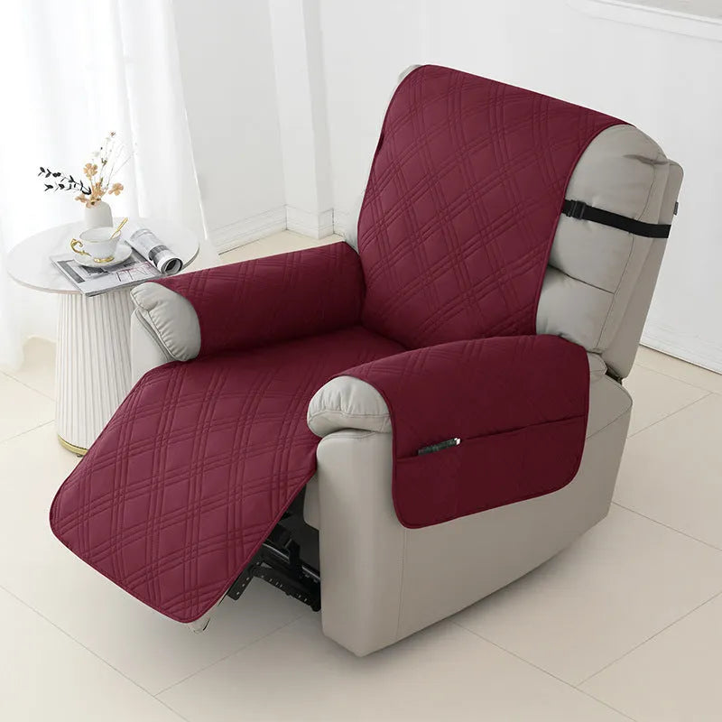 Quilted waterproof sofa cover for a Chivas massage chair in a burgundy colour, showing three-line stitching detail.