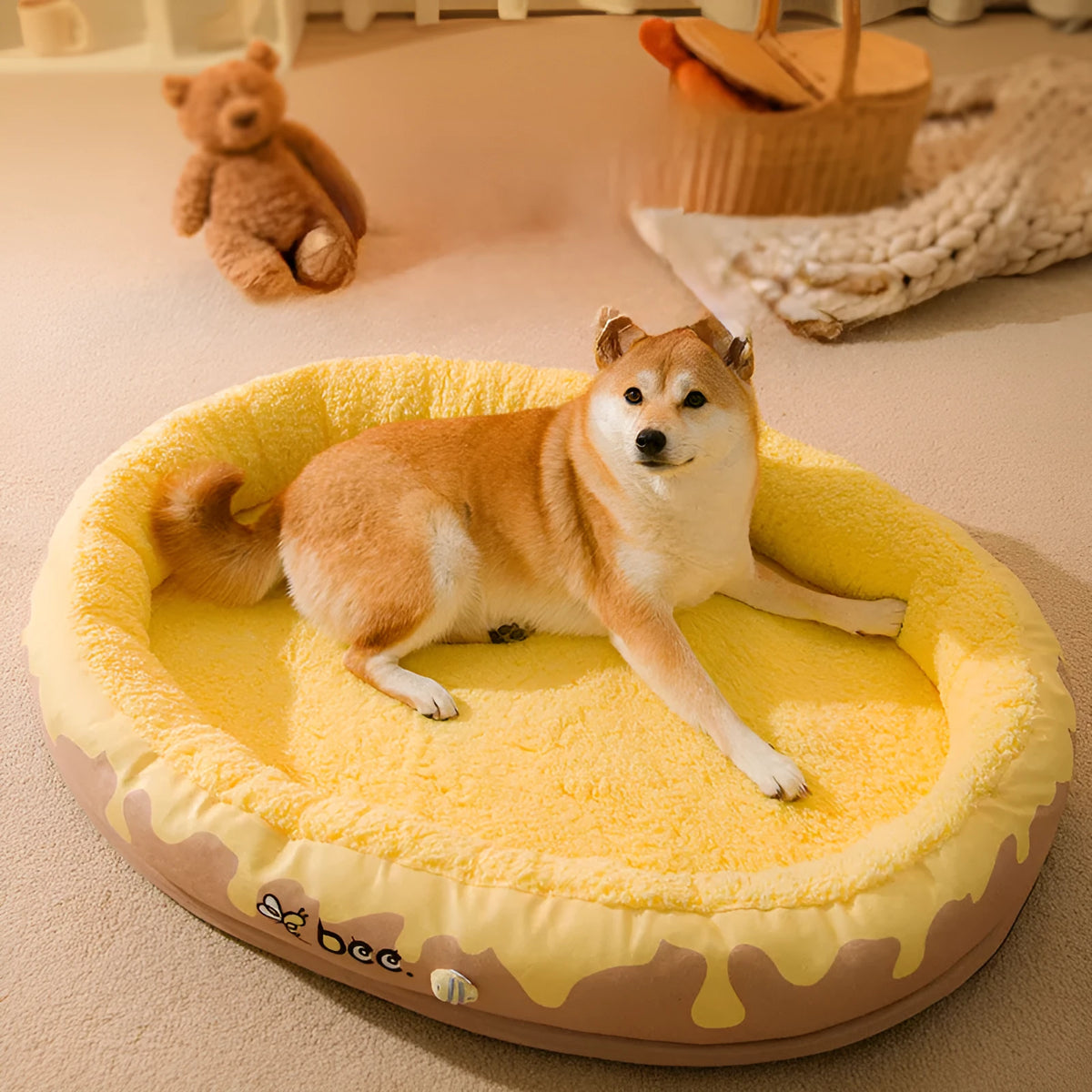 Grey and yellow washable pet bed for dogs and cats with detachable velvet lining