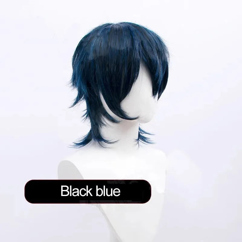 Short black anime cosplay wig with a lengthened hair tail on a mannequin head.