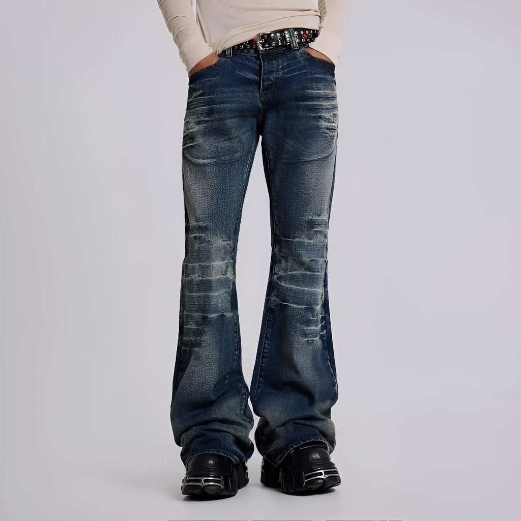 Men's slightly flared vintage jeans in black or blue, straight leg, linen fabric, edging detail, sizes S to XXL.