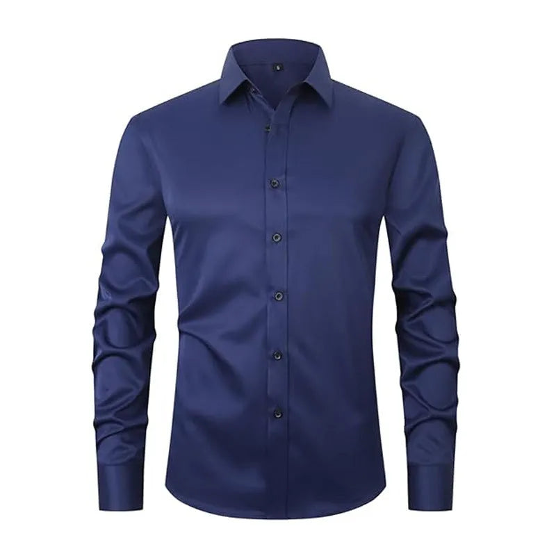 Man wearing a stretch long sleeve work shirt in a solid colour, showing the fit and style.