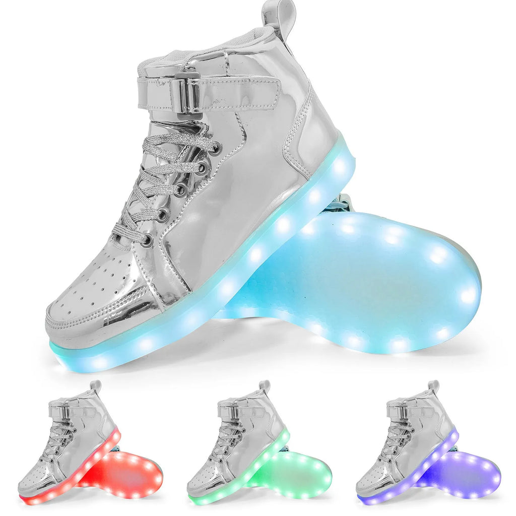 LED light-up high-top board shoes with Velcro strap, shown in multiple colours.