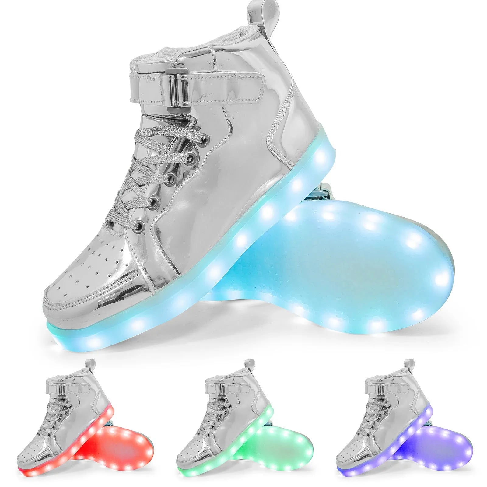 LED light-up high-top board shoes with Velcro strap, shown in multiple colours.