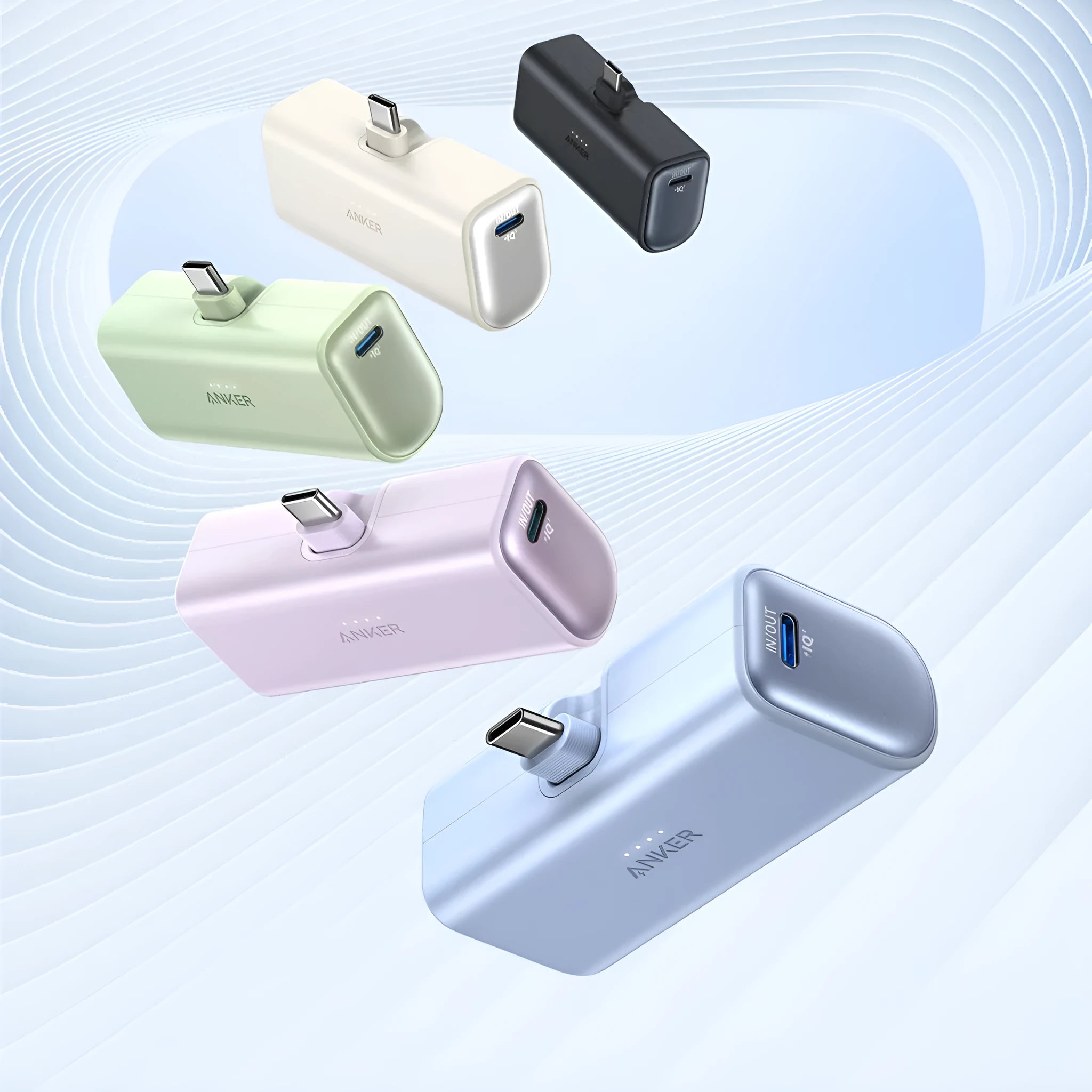 Capsule-shaped 5000mAh power bank with foldable USB-C cable in five colour options