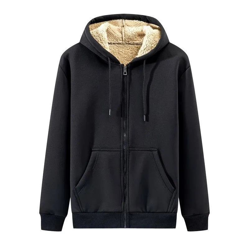 Men's black Berber fleece jacket with wool lining, loose fit, long sleeve, no padding.