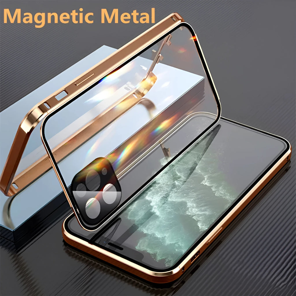 Black aluminium and tempered glass bumper case for iPhone, showing front and camera lens protection.