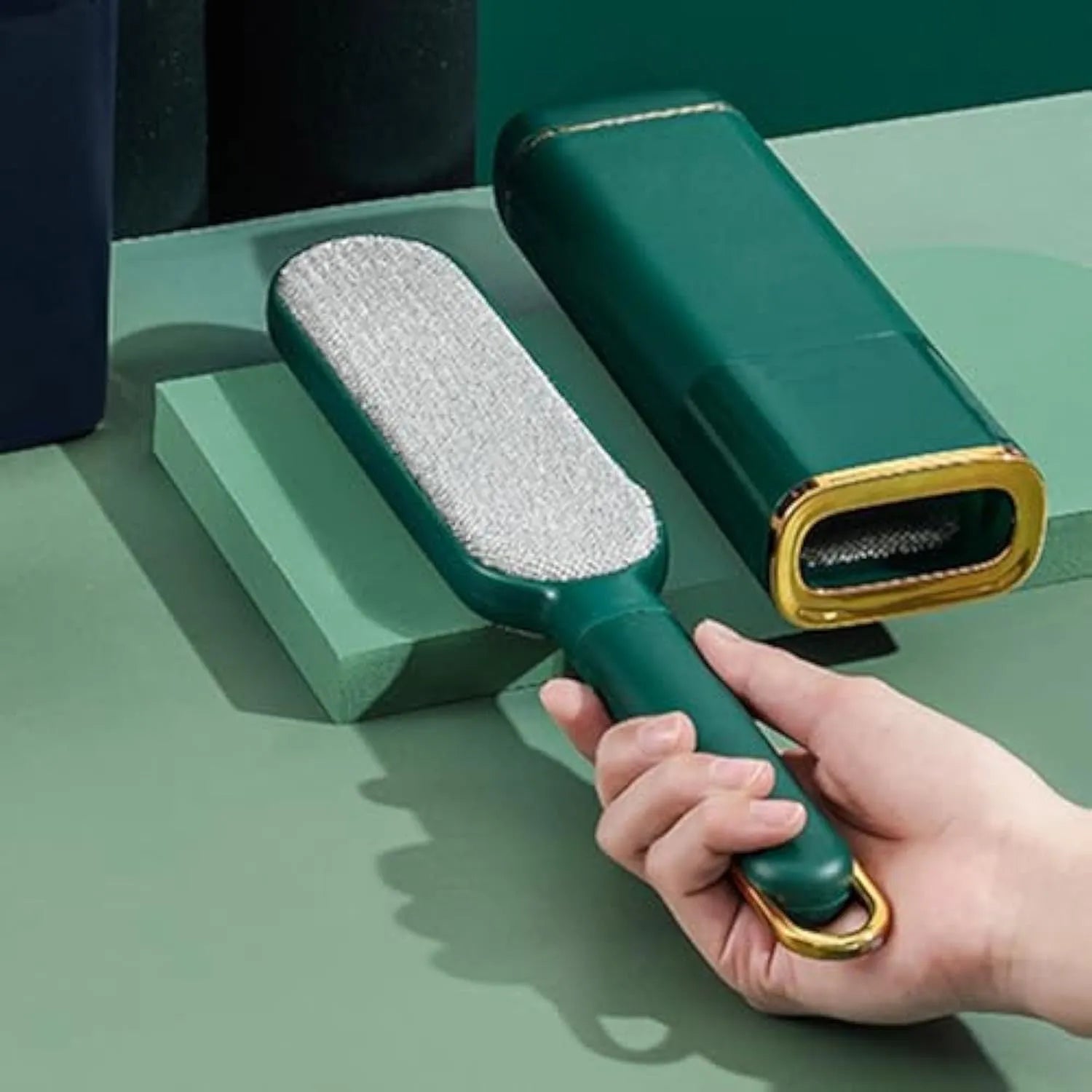 Blue green white pet hair remover brush with double-sided bristles for furniture and clothing