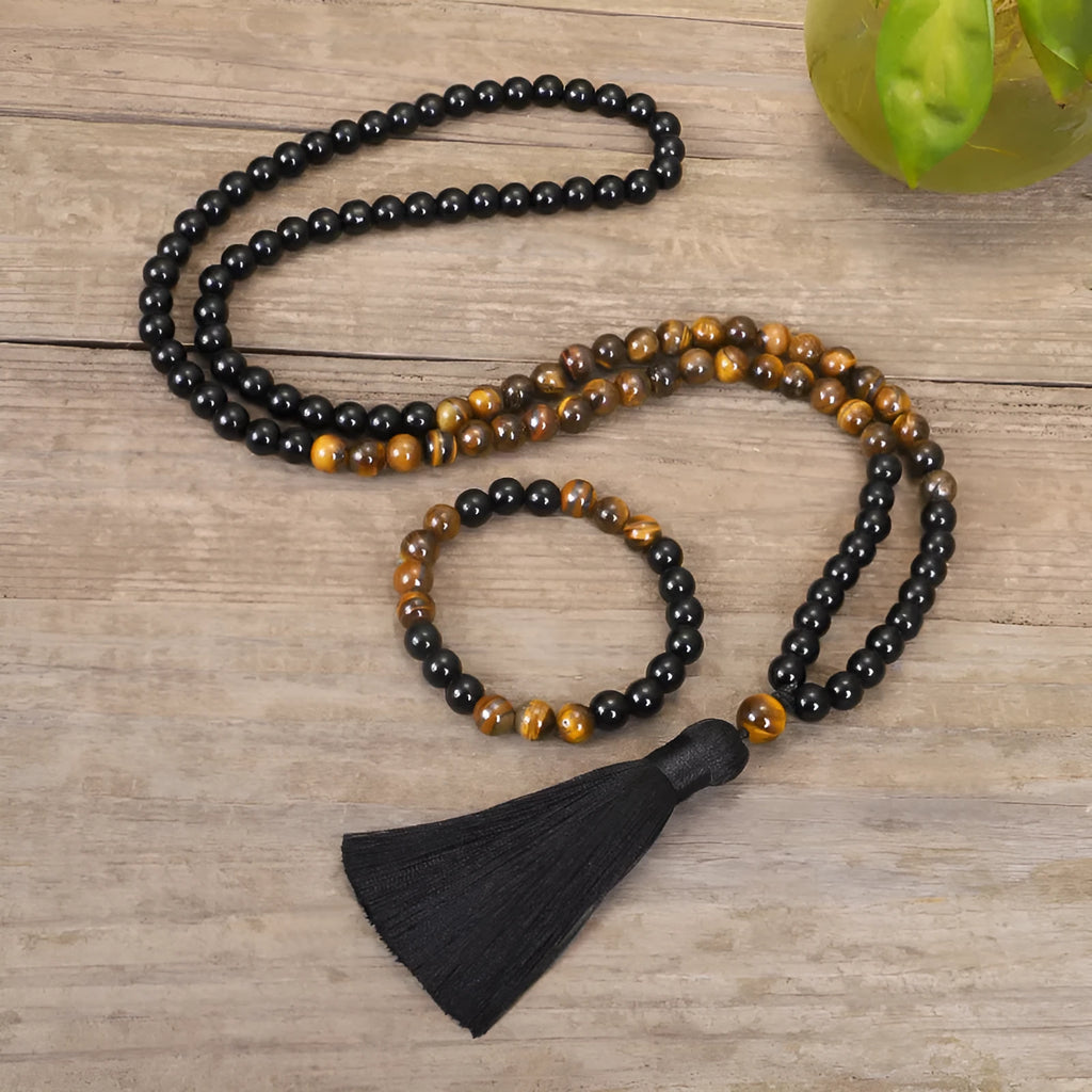 Tiger eye stone necklace with tassel pendant on ball bead chain