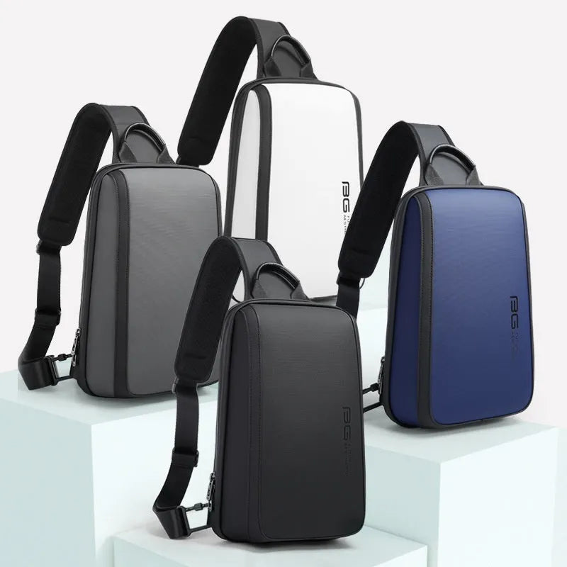 Men's blue Oxford cloth chest bag with double shoulder straps showing 33x21x10cm dimensions