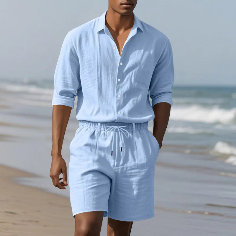 Men's linen long-sleeve shirt and shorts beach suit set on a hanger.