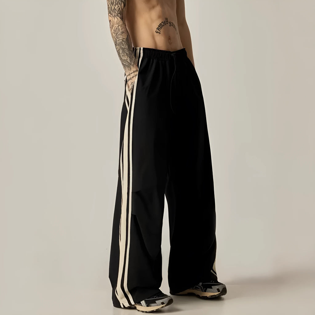 Black men's wide leg climbing trousers with high waist and straight-leg design