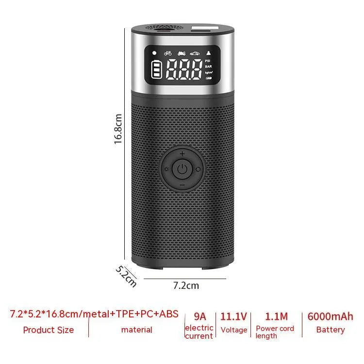 Black portable wireless air pump with 15cm tube and multiple nozzles for vehicle tyres, bicycles and swimming rings