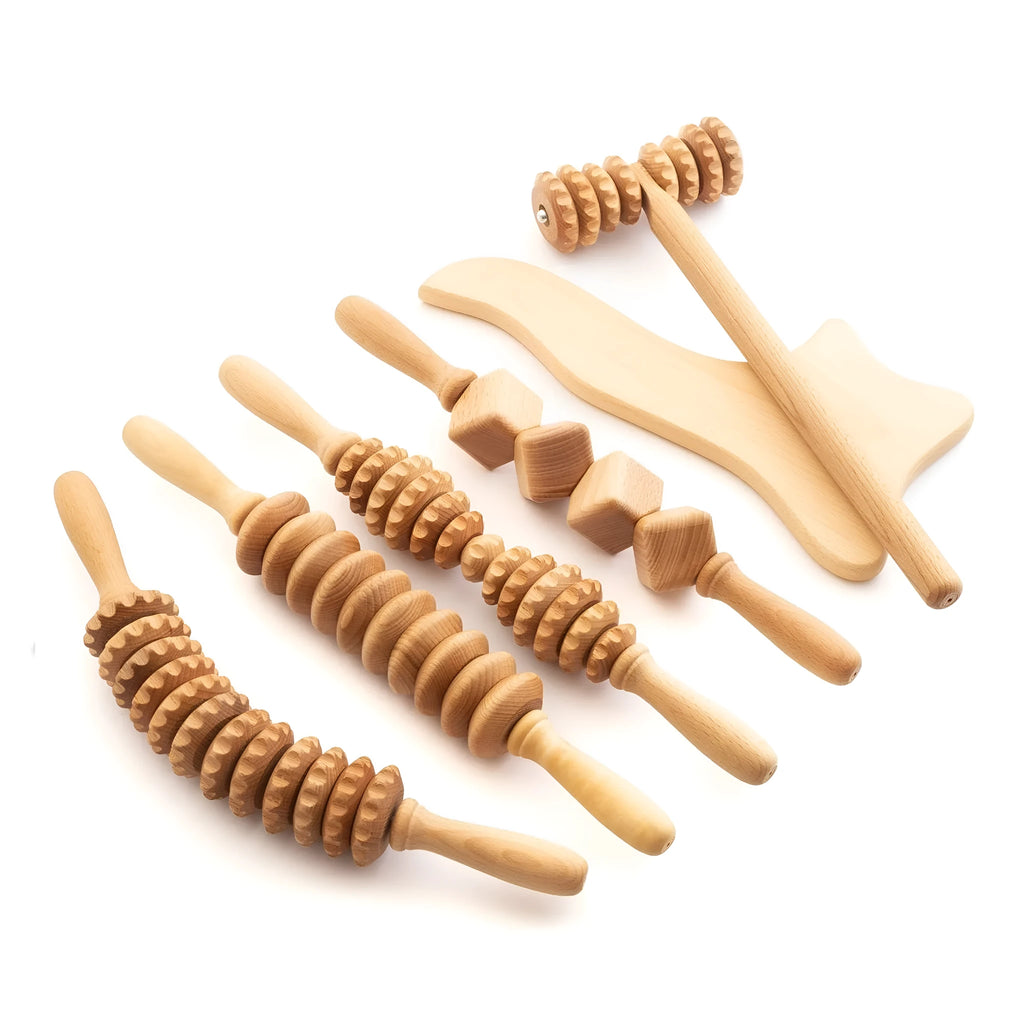 Beech wood massage roller set with multiple wheel configurations including T-shaped and various wheel counts