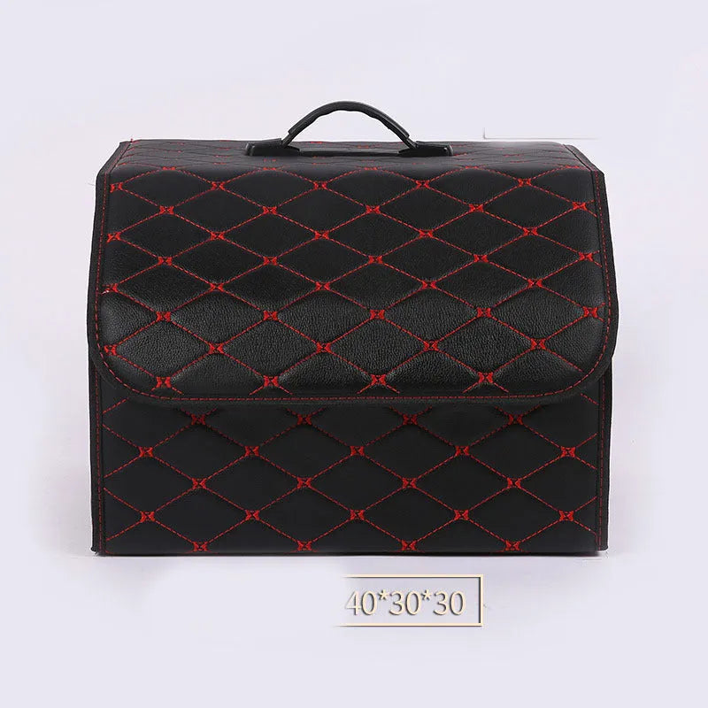 Foldable leather car trunk storage box with diamond pattern, shown in red gold wire, black gold wire, black red wire, or brown gold wire