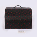 Foldable leather car trunk storage box with diamond pattern, shown in red gold wire, black gold wire, black red wire, or brown gold wire
