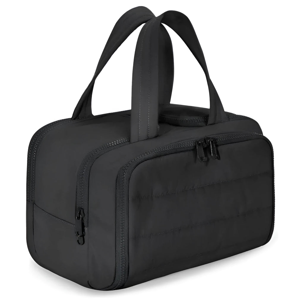 Large lightweight polyester travel toiletry bag in black, open to show spacious interior.