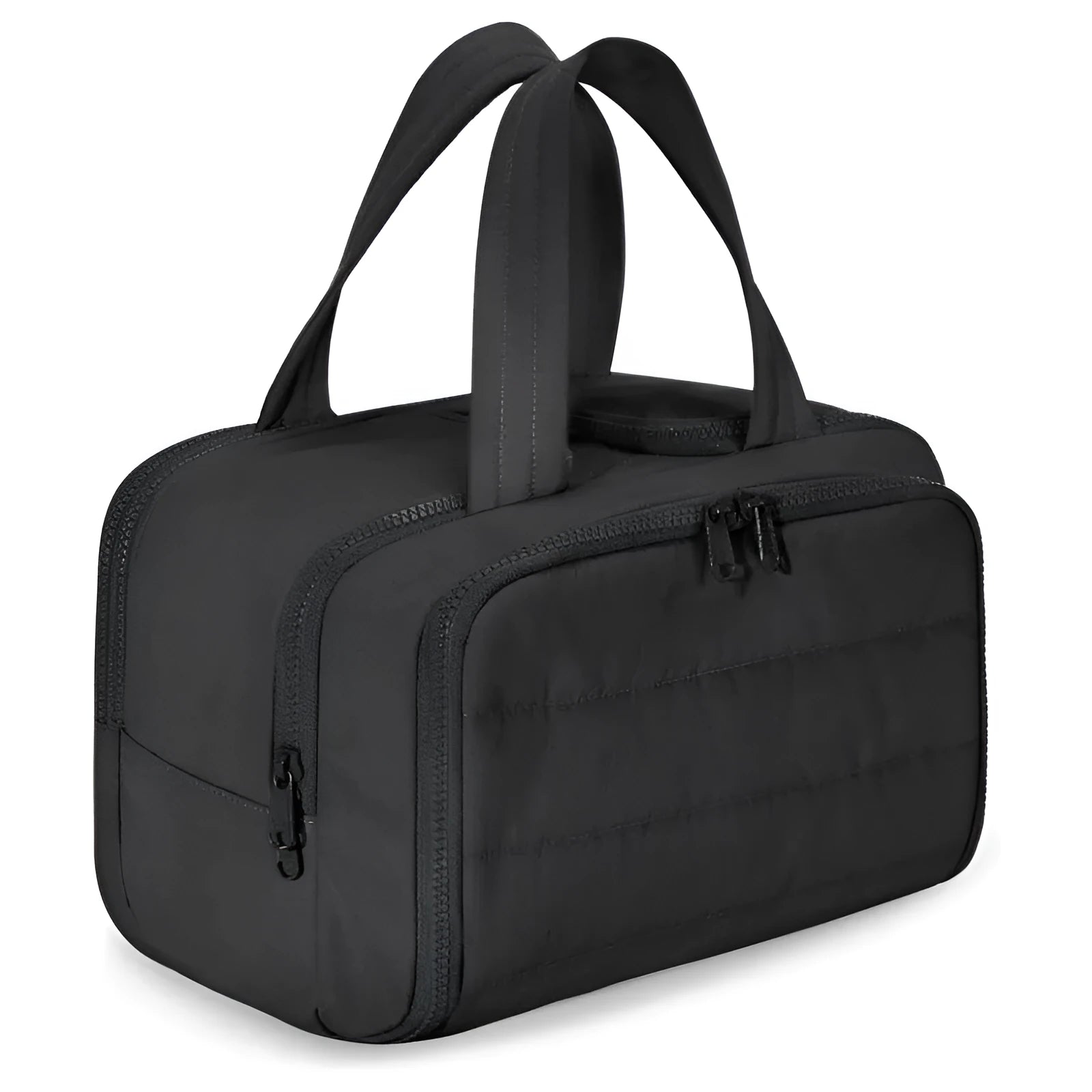 Large lightweight polyester travel toiletry bag in black, open to show spacious interior.