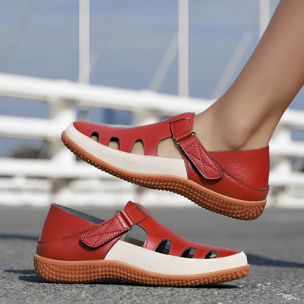 Plus size women's flat heel sandals with hollow breathable design and toe cap in white, red, and blue colours