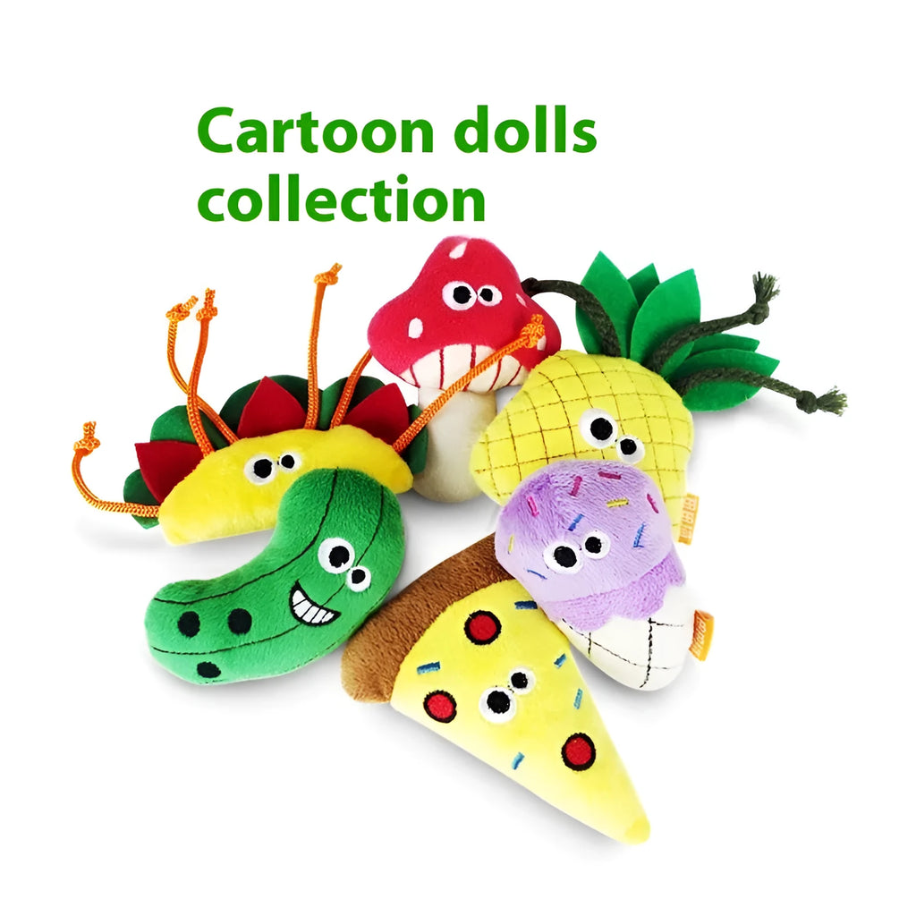 Six food-shaped catnip plush toys including burrito, cone, cucumber, mushroom, pineapple and pizza designs