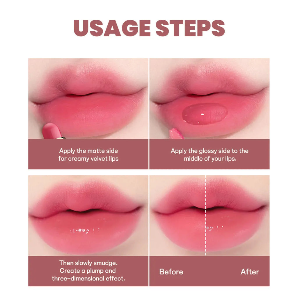 Double-headed matte finish lipstick lip gloss in one of ten colour shades with non-stick cup applicator.