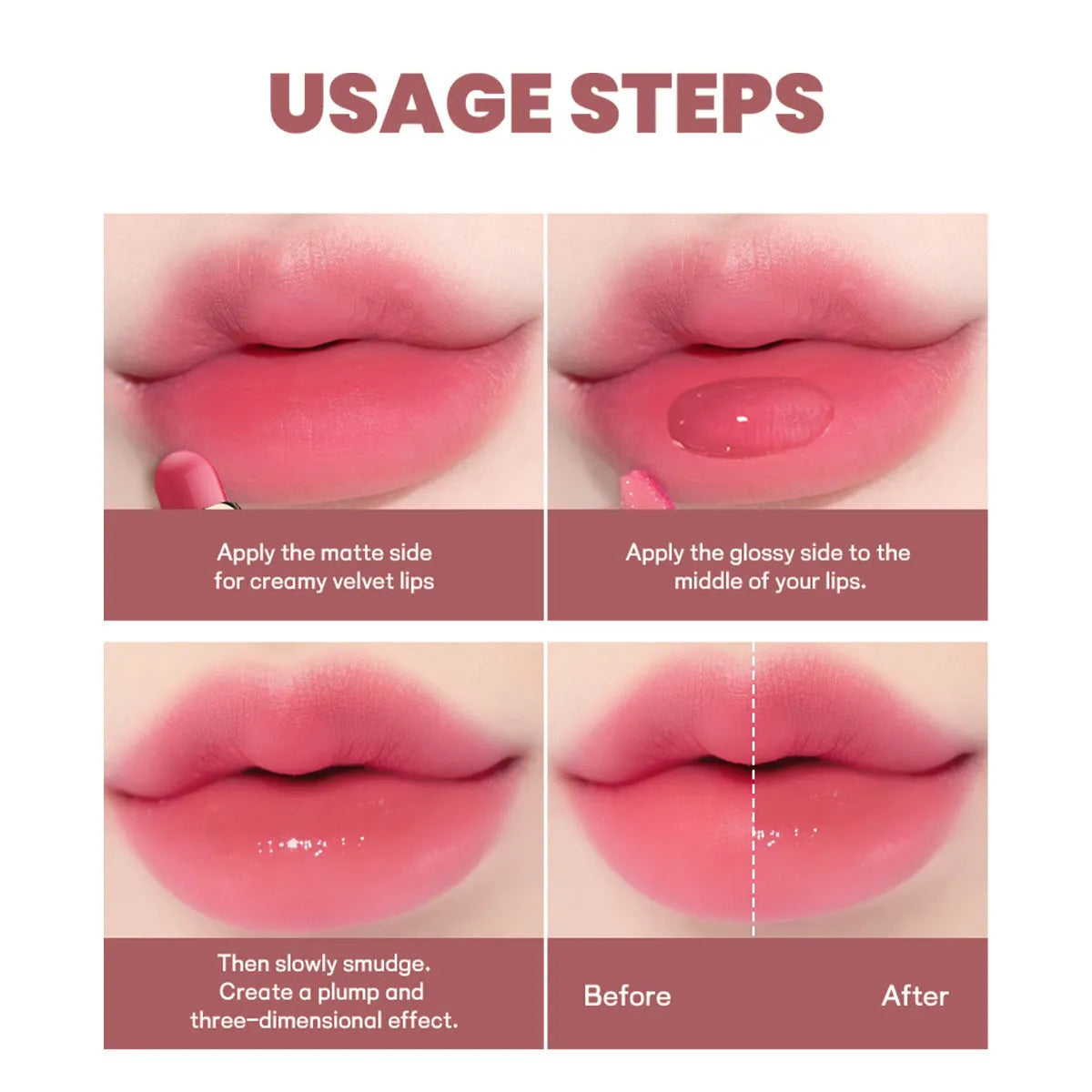 Double-headed matte finish lipstick lip gloss in one of ten colour shades with non-stick cup applicator.