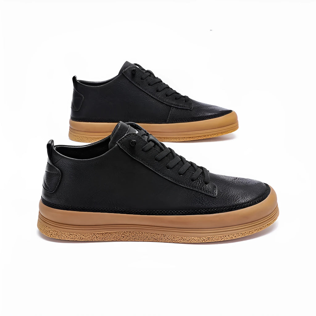 Men's black leather casual shoes with lace-up closure and round toe design