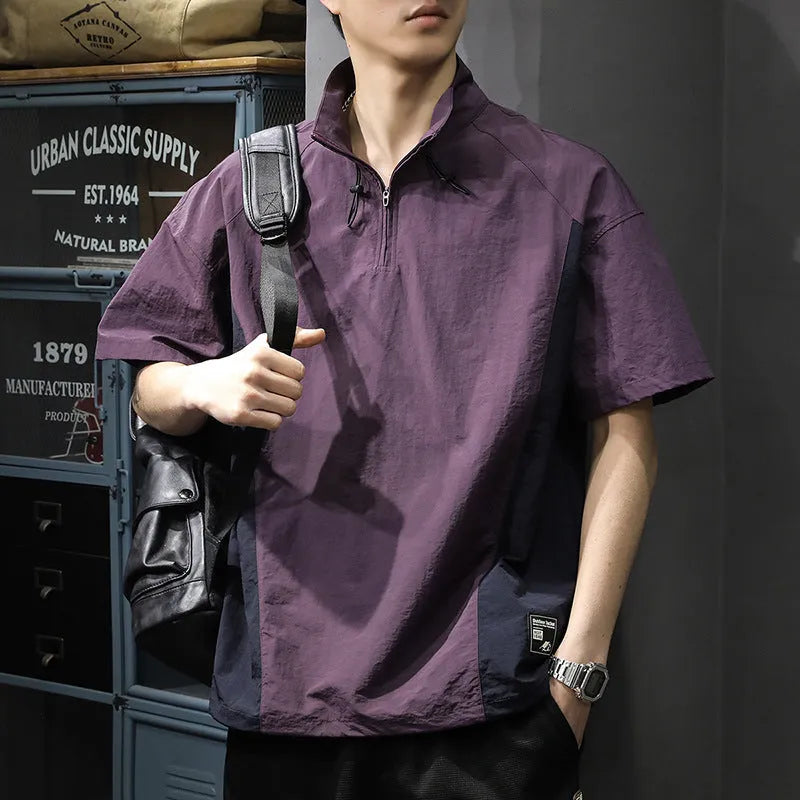 Brown men's casual short sleeve t-shirt with a half-zip stand collar, made from ice silk fabric.