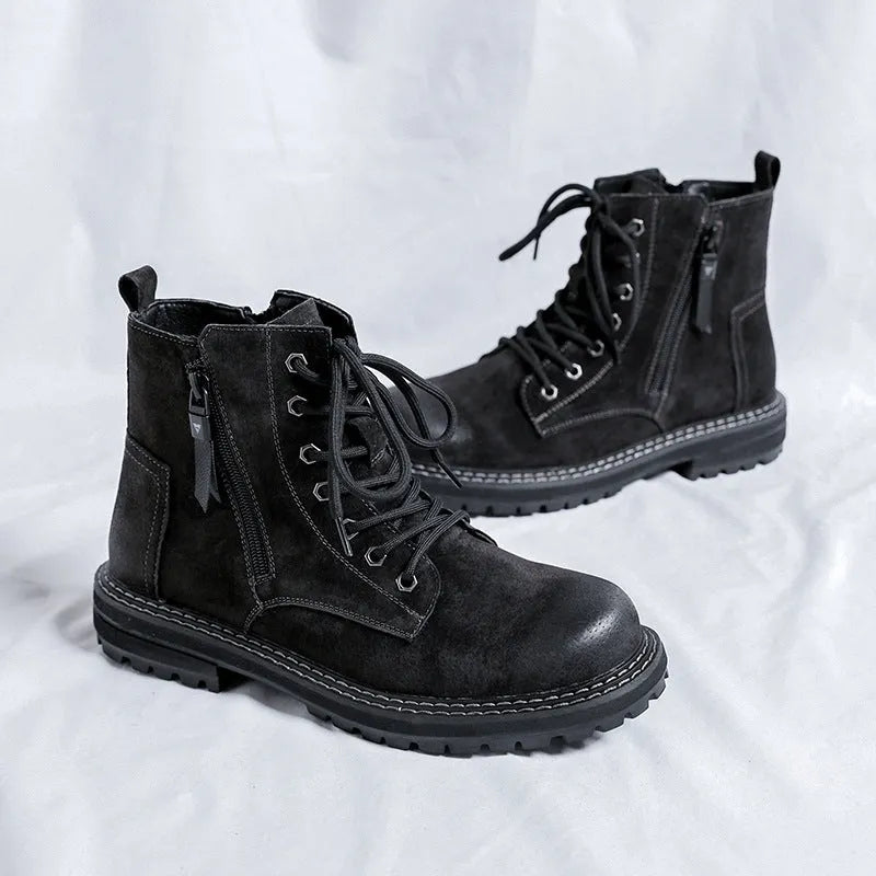 Side zip ankle boots with pigskin upper, seven-hole lace-up, English muffin heel, in black, khaki or yellow