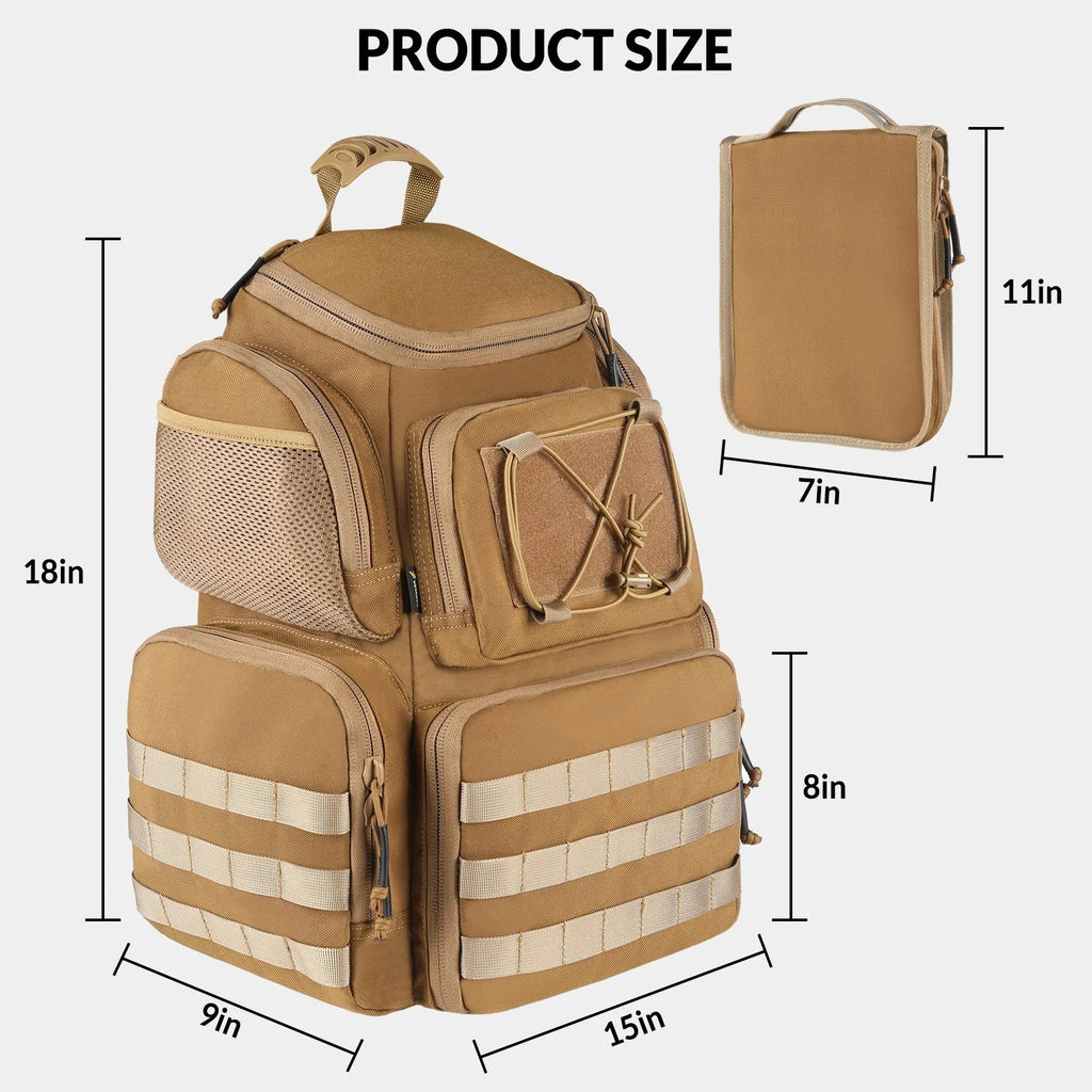 Large capacity polyester tactical backpack, 38x23x46cm, 36-55L, black and gray brown, curved shoulder strap