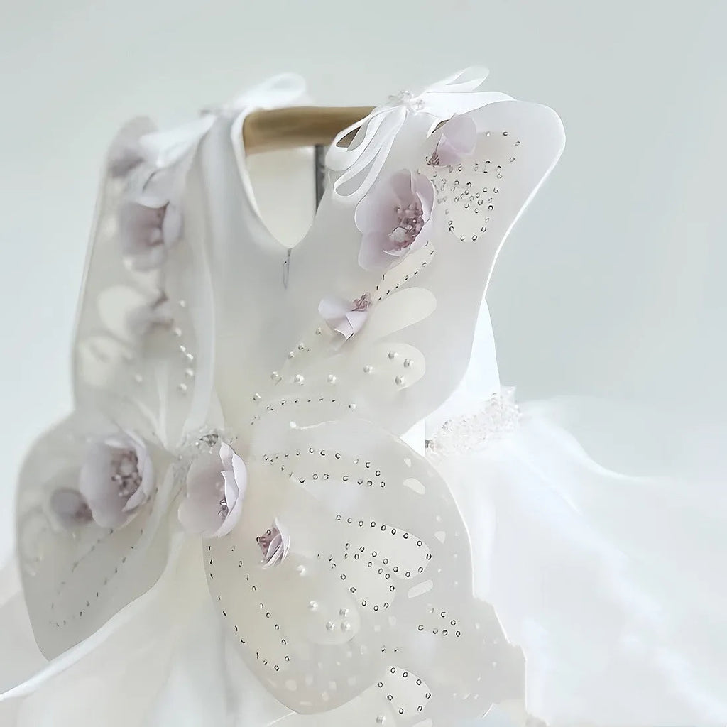 White girls pettiskirt dress with butterfly wings, polyester outer and cotton lining, sizes 80cm to 140cm