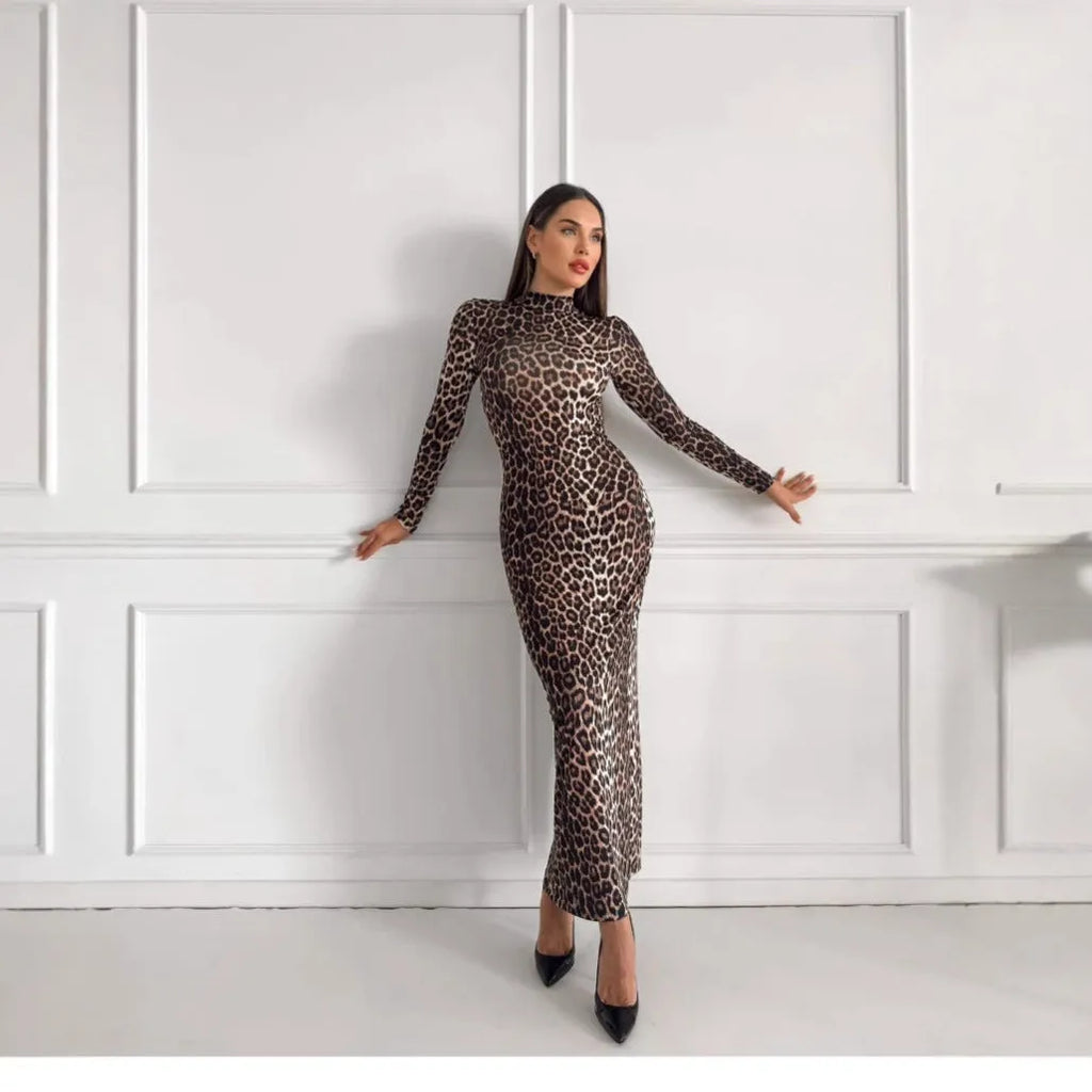 Women's leopard print long dress with stand collar, long sleeves and high waist hip skirt design