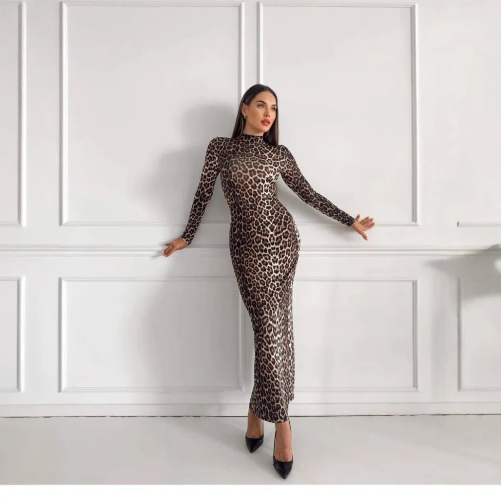 Women's leopard print long dress with stand collar, long sleeves and high waist hip skirt design