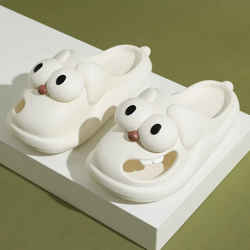 Cartoon big eye dog slippers for women in green PVC material