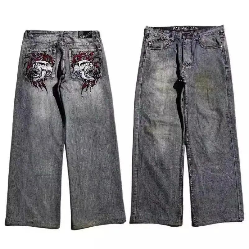 Men's grey wide-leg jeans with washed-out retro styling and straight-leg workwear design