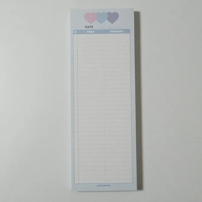 Vertical half-B5 notepad with double-sided printing in pink, purple, or blue cover colours