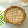 Brown woven rattan pet bed measuring 46x46cm with 17.5cm raised platform for cats and dogs