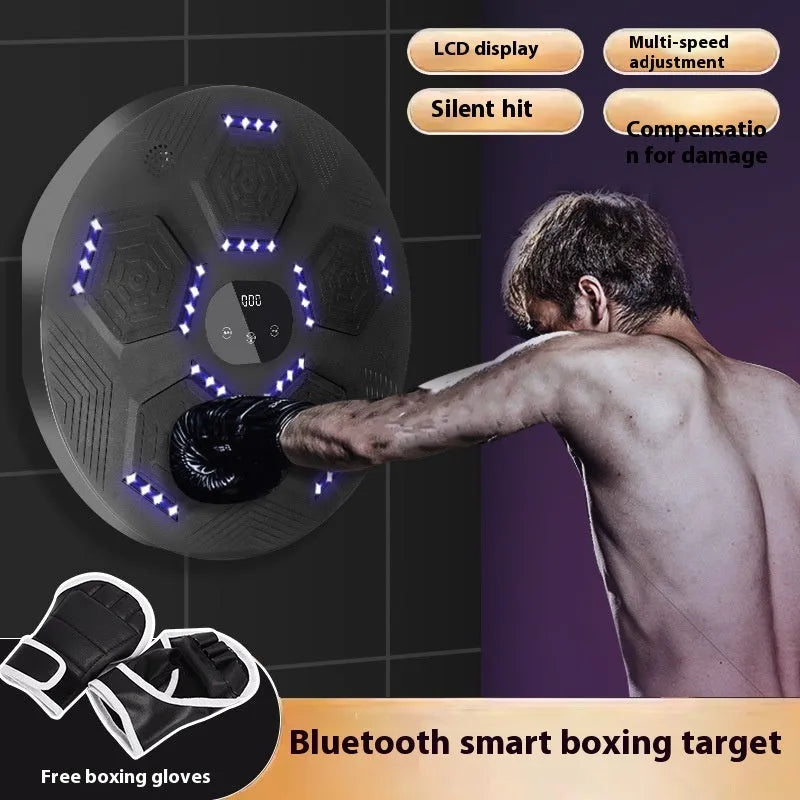 Smart music-reactive boxing target hanging on a wall in a home gym setting.