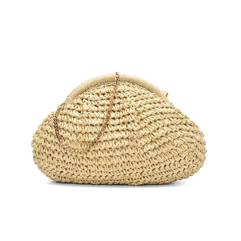 Women's straw handbag with shell shape, chain detail, and khaki colour option