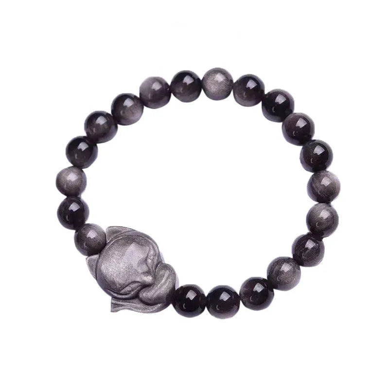 Obsidian bracelet with 8mm fox charm on single ring, polished stone finish