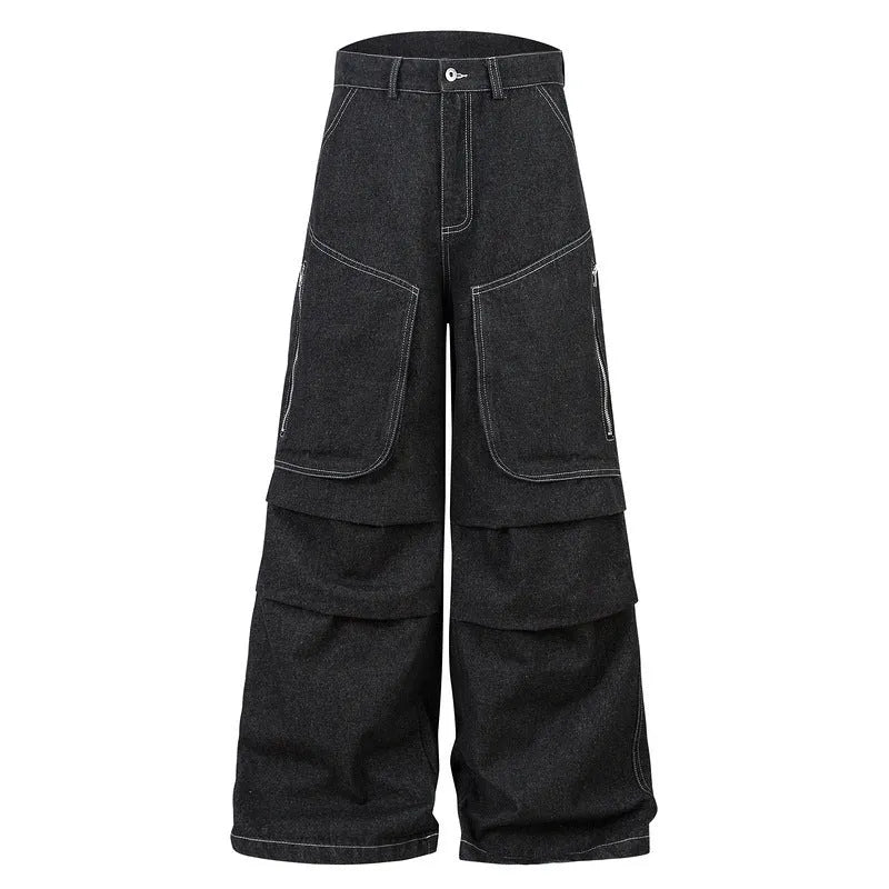Black pleated jeans with multiple pockets, mid-waist design, and zip placket closure