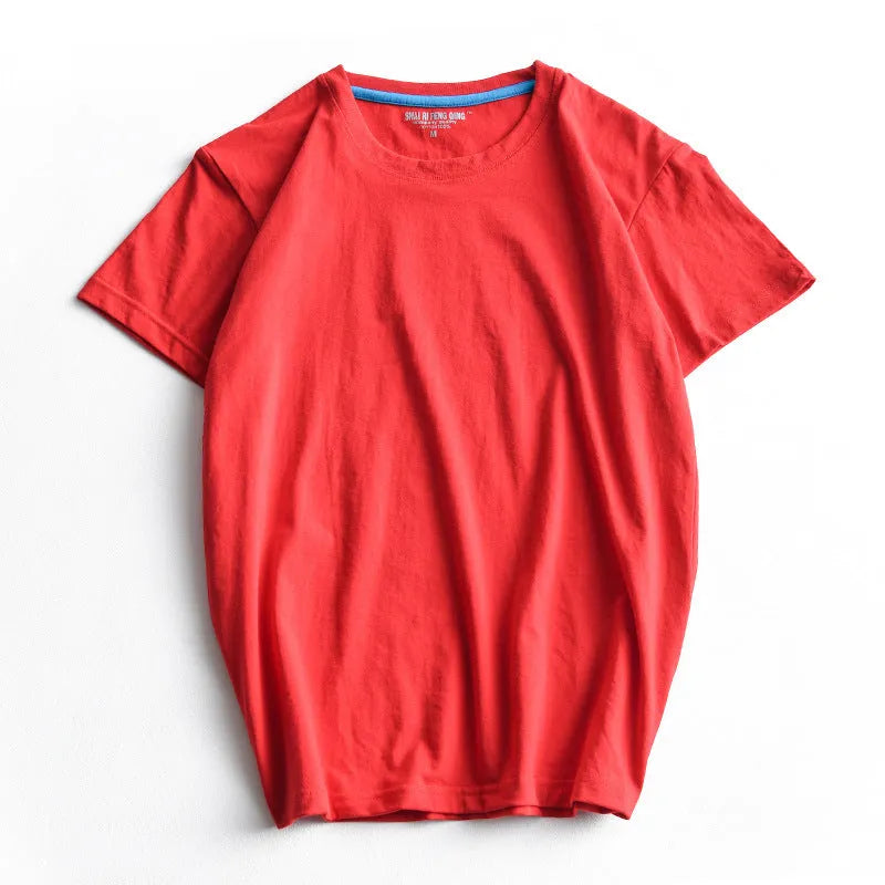 Men's solid colour cotton t-shirt on a hanger, showing round neck and short sleeve design.