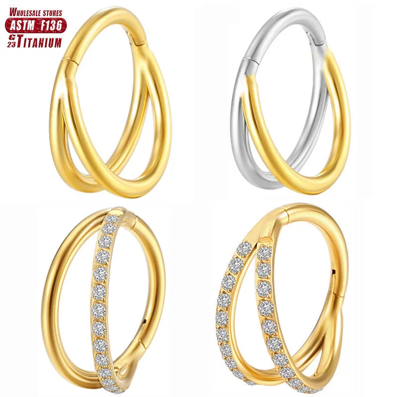 Titanium alloy nose ring stud shown in silver, gold, black and rose gold finishes with and without diamonds.