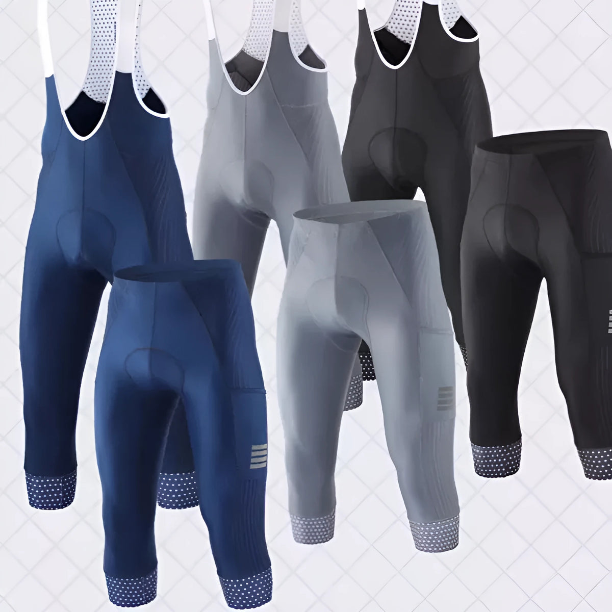 Black or navy blue seven-inch polyester cycling overalls with double pockets and included cushion pad, sizes XS to 3XL.